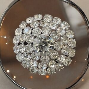 Clear Sparkling Crystal Brooch Round Rhinestone Pin 1.5" Silver Tone Vintage EXC
